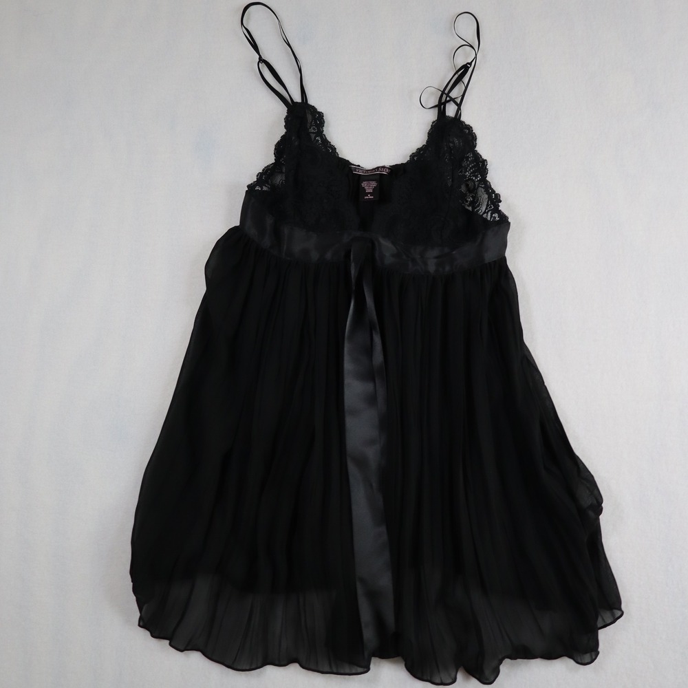 Victoria Secret Babydoll Top Women's Medium Black Lingerie Pleated Sexy Lace